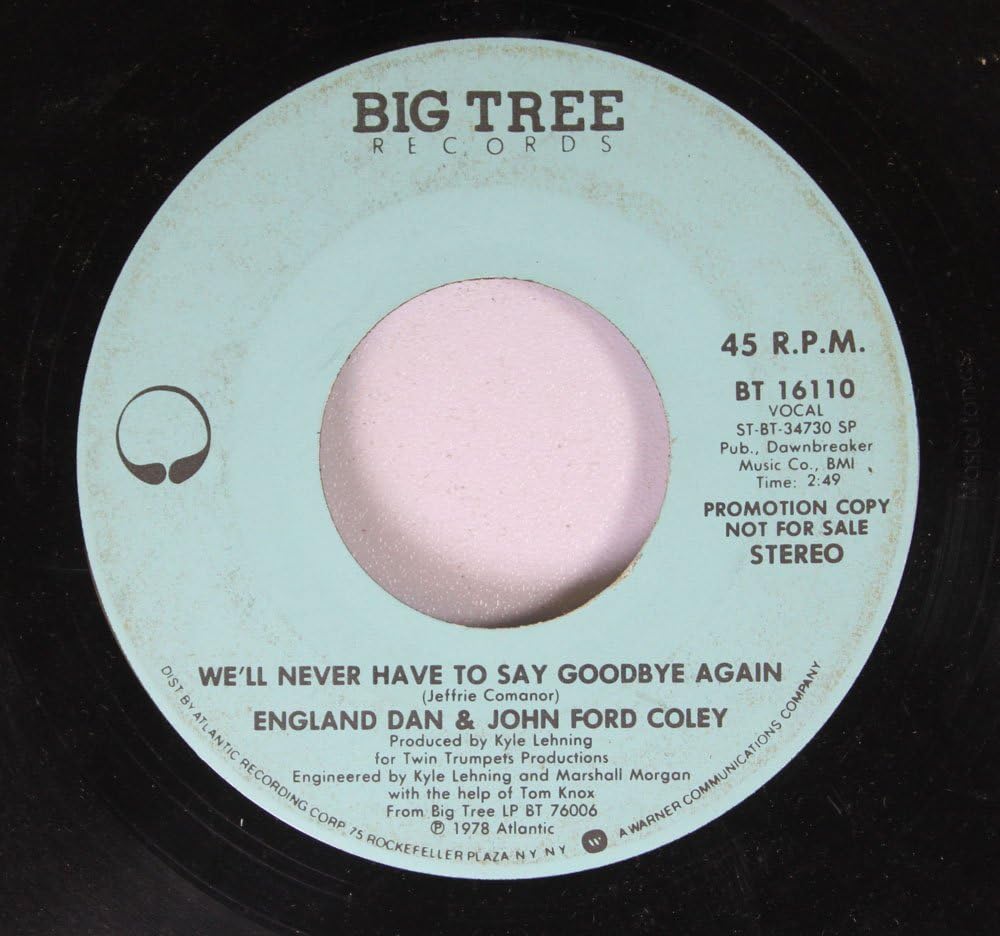 England Dan & John Ford Coley 45 RPM We'll Never Have to Say Goodbye