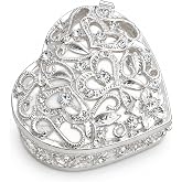 SEVENBEES Silver Heart Jewelry Trinket Box Bejeweled Heart Box with Hollow Flower Figurines Jewelry Boxes Ring Holder