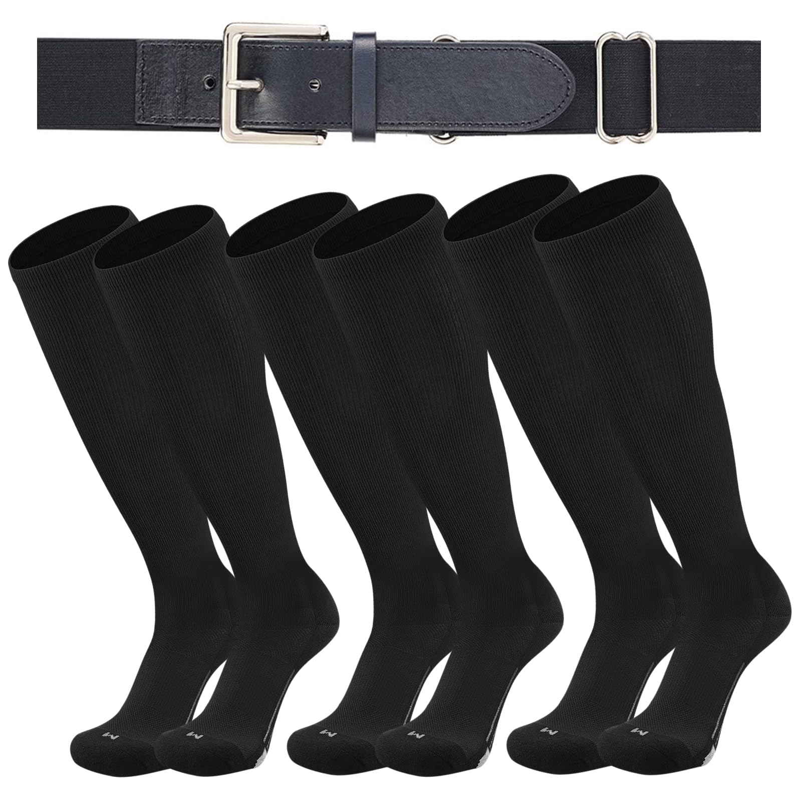 Photo 1 of (partial set) Londkaron Youth Elite Baseball/Softball Socks & Belt Combo (3 Pairs of Socks with 1 Belt) (Medium, Black)