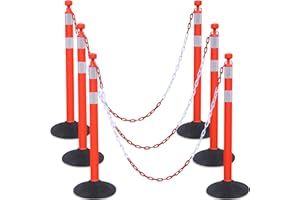 OrangeStar 6 Packs Traffic Delineator Post Cones, 40" Safety Barrier with 6.6 Ft Link Plastic Chains, Crowd Control Stanchion Sets w/Rubber Base for Parking Lot, Road Work, Queue Management, Red