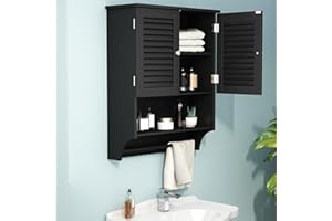ChooChoo Bathroom Wall Cabinet with Towels Bar, 23.6" L x7.9 W x27.5 H MDF Material Medicine Cabinet, 2 Doors Over The Toilet Space Saver Storage Cabinet with Large Space, Black