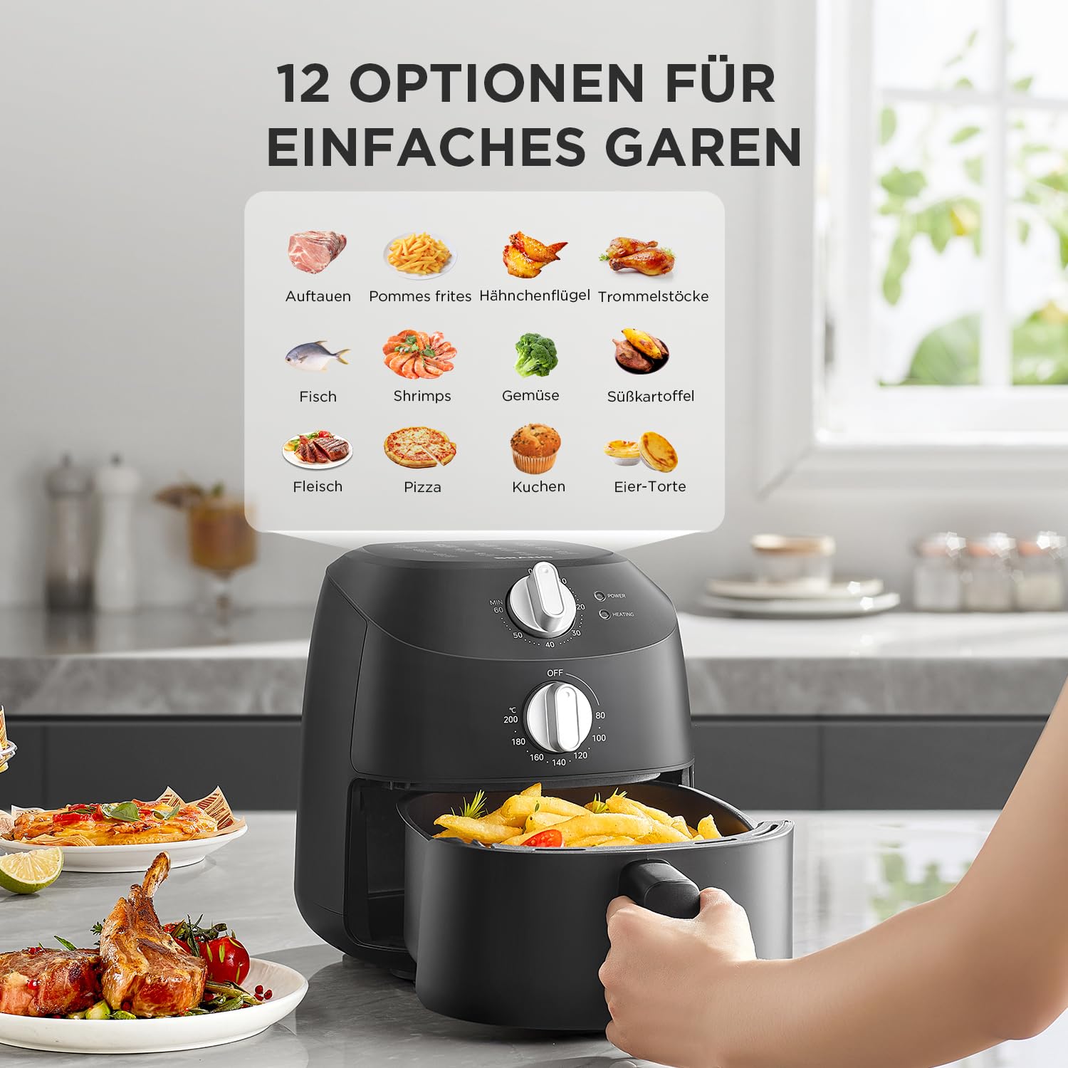 Midea Heißluftfritteuse 2L,1150W Airfryer, Frittieren ohne Öl, Heißluft Fritteusen, Automatische Abschaltfunktion, ölfrei, Leicht zu reinigen, BPA-frei, Schwarz 4