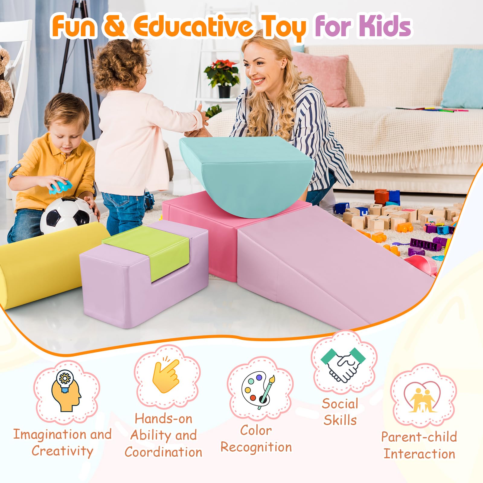 Costzon Toddler Climbing, 6 Pieces Climb and Crawl Playset with PU Cover for Baby Crawling, Climbing & Walking, Indoor Foam Climbing Blocks for Toddlers 1-3, Light Pink