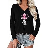 Breast Cancer Shirts for Women Pink Ribbon Long Sleeve Breast Cancer Awareness T-Shirt Cancer Survivor V-Neck Tops