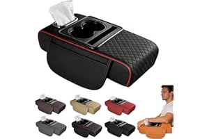 4-in-1 Multifunctional Car Armrest Cushion, Soft & Comfortable Cars Armrest Pad, Car Center Console Cover with Cup Holder, Phone Slot & Built-in Storage Box, Universal Auto Accessory (Black+Red)