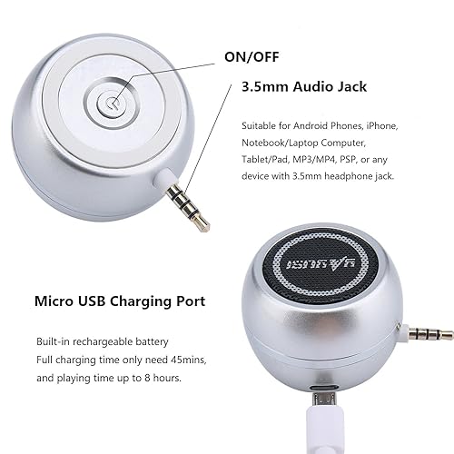 Wireless Mini Speaker Aux Input Jack, 3W Portable Speaker for  Cellphone Tablet Laptop, Silver