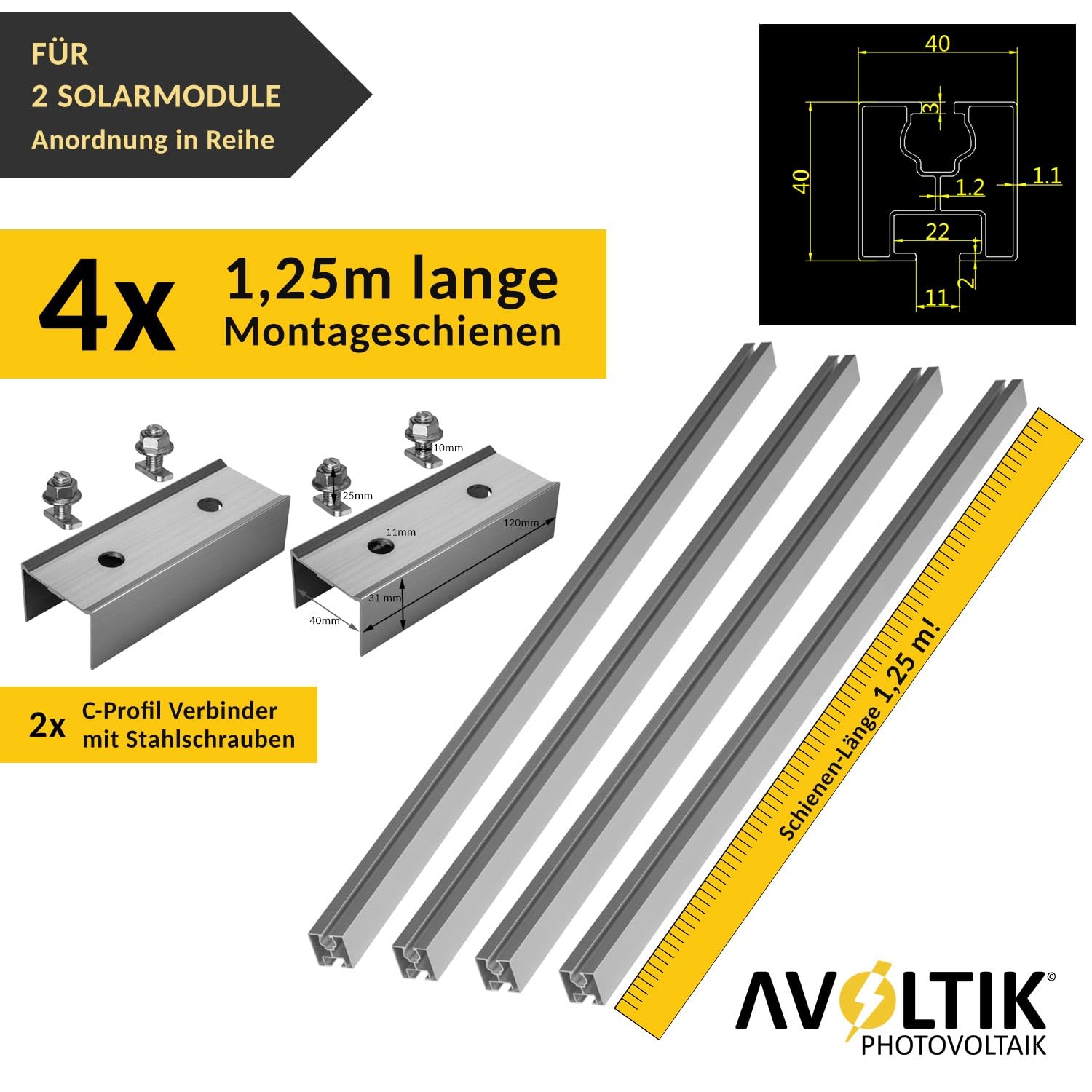 Avoltik Solar Halterung Ziegeldach I Set für 2 PV Module 30-40mm I Solarmodul Halterung Balkonkraftwerk I Solarmodulbefestigungsset für Ziegeldächer aus Edelstahl 1.4301 I PV-Halterung Montageset 3