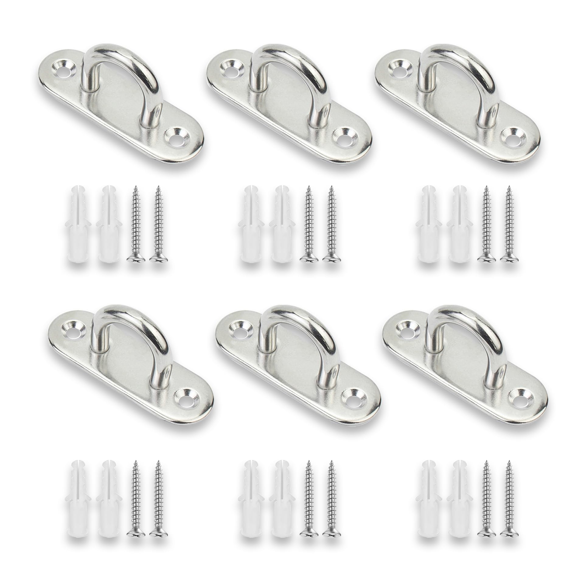 UBRAVE 6 PCS 304 Stainless Steel Pad Eye Plate,Oblong Pad Eye Plate,M5 Stainless Steel Eye Plate,Staple Rings Hooks Hardware with 2 Holes, with 12 Screws and Plastic Plugs