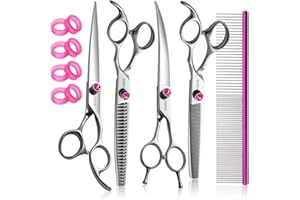 FOGOSP Dog Grooming Scissors Kit 8 in Professional Curved Thinning Straight Chunker Shears and Comb 5pcs Set for Grooming Big Dogs Poodle Pet Japan 440C Stainless Steel(8.0'',Kit)