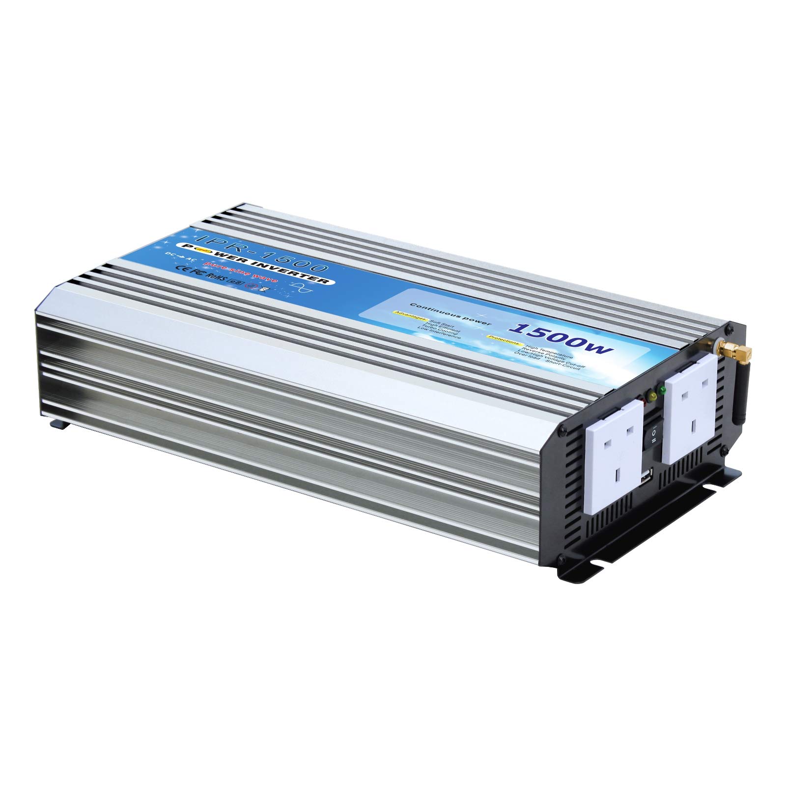 1500W pure sine wave AC power inverter 12V battery to 240V mains electricity (peak power 3000W) with wireless On/Off remote control