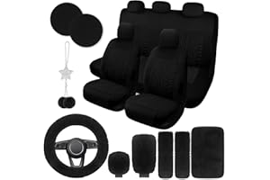JINGSEN 17 Car Seat Cover Full Set for Women,Universal Car Seat Cover,Plush Steering Wheel Cover,Fluffy Soft Wool Handbrake Gear,Suspension Accessories Full SUV((Patterned Black