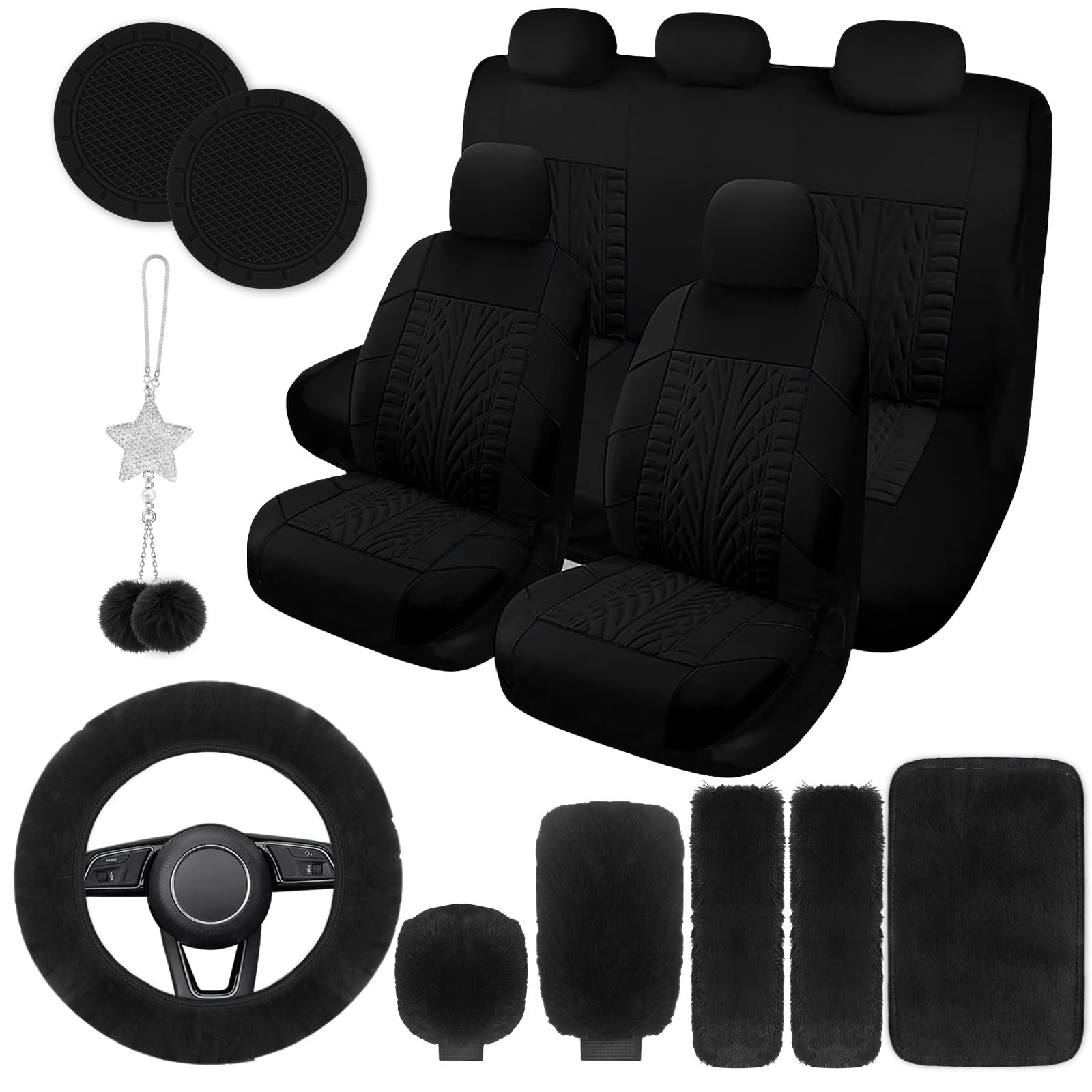 Photo 1 of JINGSEN 17 Car Seat Cover Full Set for Women,Universal Car Seat Cover,Plush Steering Wheel Cover,Fluffy Soft Wool Handbrake Gear,Suspension Accessories Full SUV((Patterned Black
