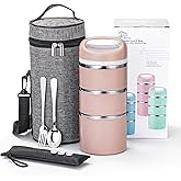 Lille Home Stackable Stainless Steel Thermal Compartment Lunch/Snack Box, 3-Tier Insulated Bento/Food Container with Lunch Bag, Utensils Set and Three Extra Seals, 43OZ (Gold)