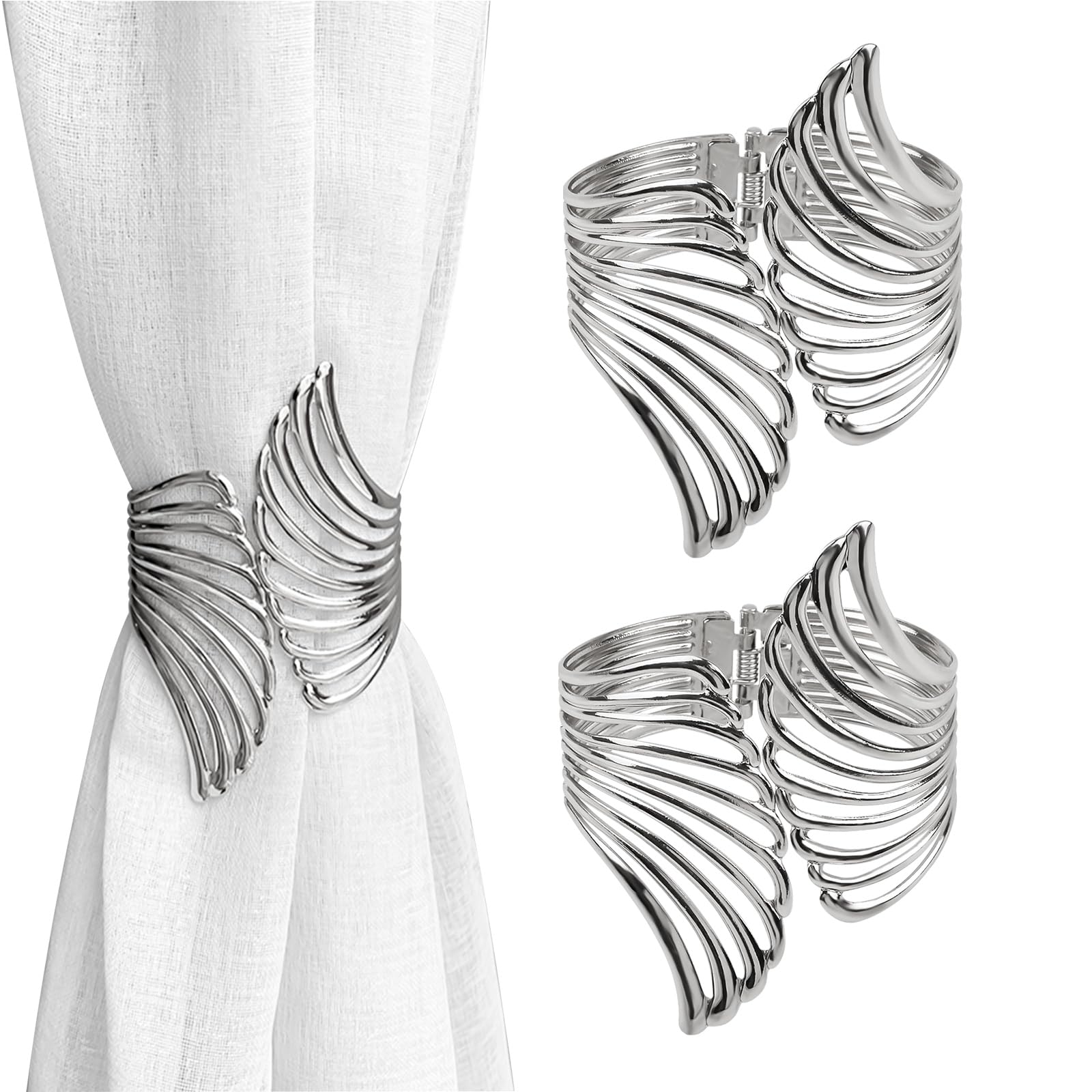UFURMATE Curtain Tie Backs, 2Pcs Zinc Alloy Creative Curtain Rope Buckles Spring Drape Holder Clip Decorative Curtain Tiebacks for Home Office (Silver Hollow Wing)