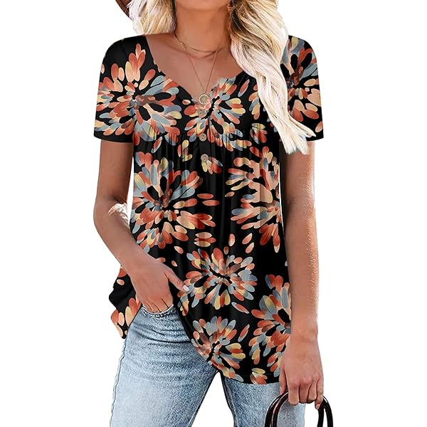 Womens Ruffle Short Sleeve Tunic Tops V Neck Loose Fit Flowy