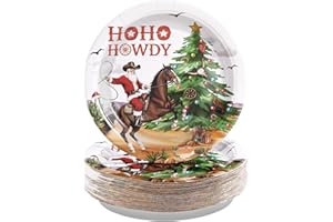 Greencian 50 Pcs Christmas Paper Plates 9" Xmas Western Cowboy Dessert Plates Disposable Christmas Cowboy Santa Party Supplies for Xmas Winter Holiday Party Decorations