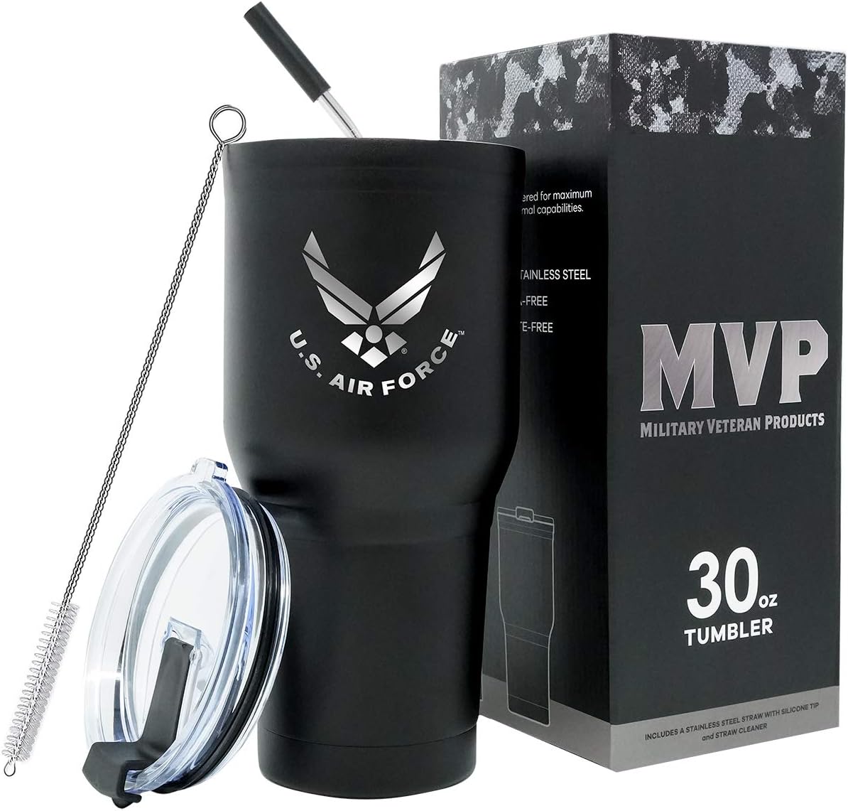 30 oz USAF Black Double Wall Vacuum Insulated Stainless Steel Air Force Tumbler Travel Mug-Leakproof Lid-Steel Straw