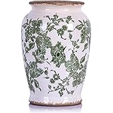 oliruim Vintage Green Chinoiserie Ceramic Vase, Rustic Farmhouse Floral Cracked Vase for Pastoral Home Decor, Living Room, Centerpieces, Shelf, Fireplace Tables, Pottery Decor (Green White)