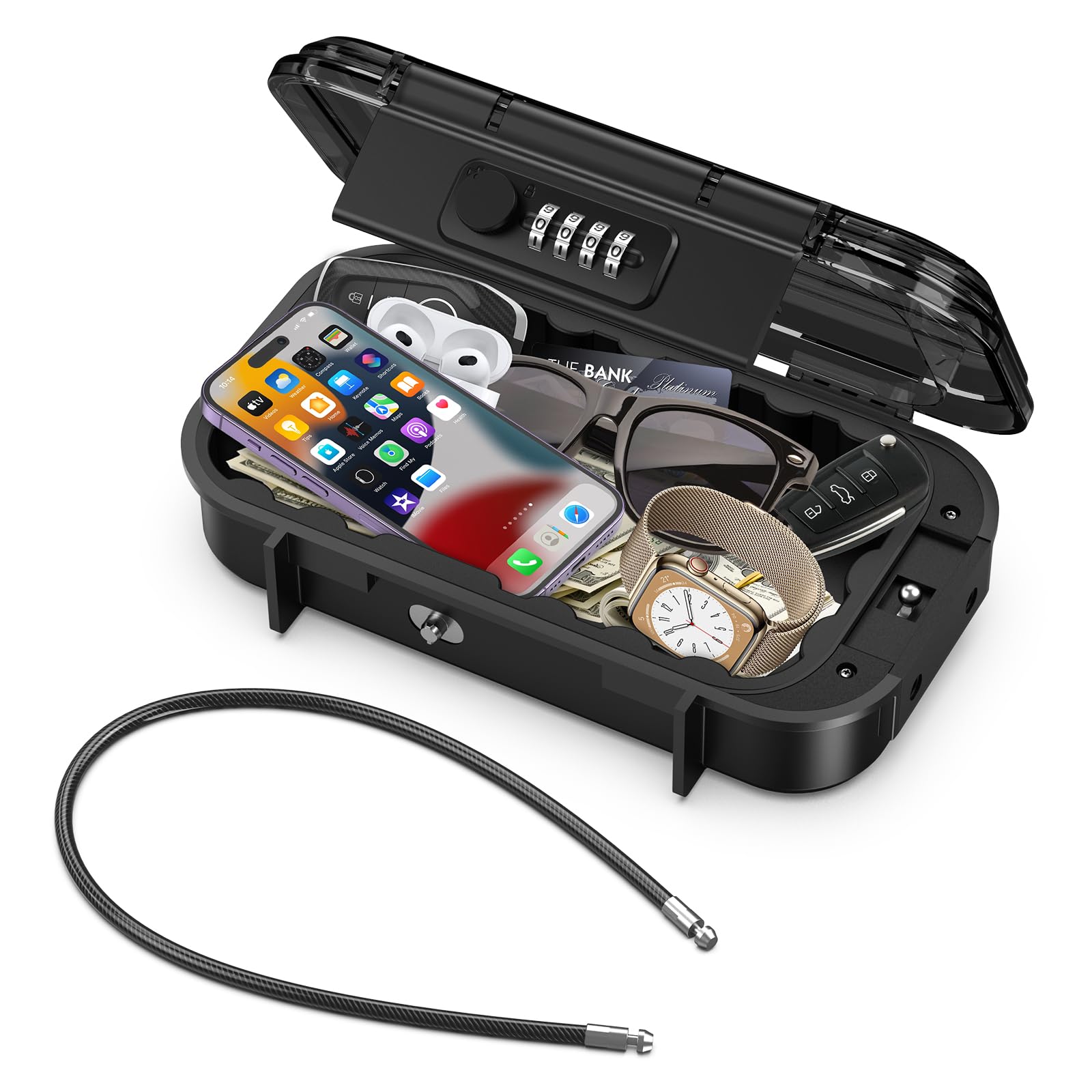 Brifit Portable Safe Box with Code, Waterproof Travel Lock Box, Key Lock Box Combination Security Case, Anti-Theft Mini Safe with Removable Wire Rope, for Beach, Dormitory, Cars, Home, Office (Black)