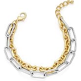 FILMOON Two Tone Paperclip Link Chain Bracelet for Women Men Gold And Silver Bracelet Chunky Thick Large Circles Link Chain Bracelet Fashion Unisex Jewelry