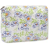 Long Keeper Large Makeup Bag Floral Aesthetic Cosmetic Bag Women Cotton Travel Make Up Bag Cute Flower Toiletry Organizer Bag (Blue Green Flower)