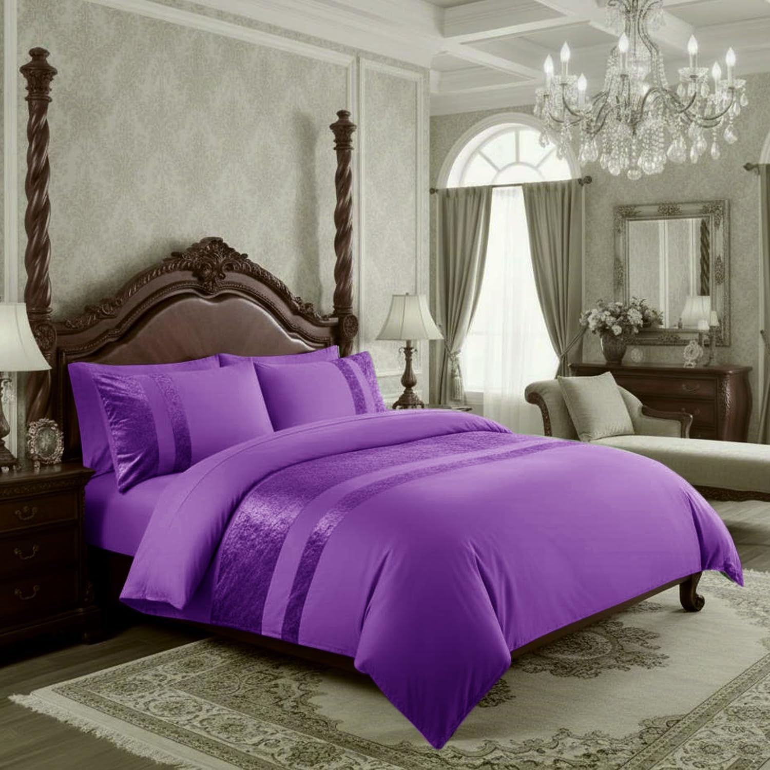 Casabella Luxury Crushed Velvet Panel Band Duvet Cover Sets with Pillow Case Single Duvet Cover Bedding Set – Purple Crush Velvet Single Duvet Cover Sets