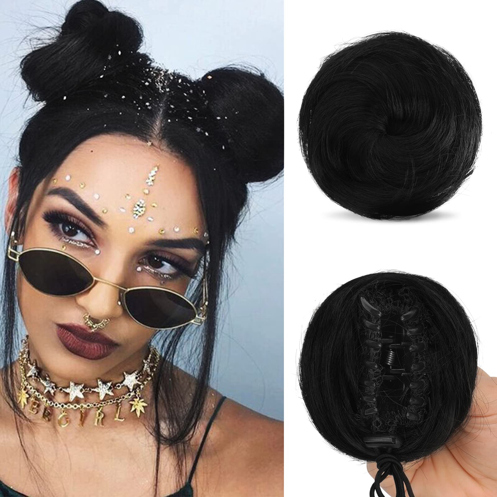 Sofeiyan 2PCS Mini Claw Clip in Hair Bun Messy Cat Ears Hair Bun Extension Synthetic Donut Wig Accessory Updo Space Bun Hair Pieces for Women Girls, Off Black