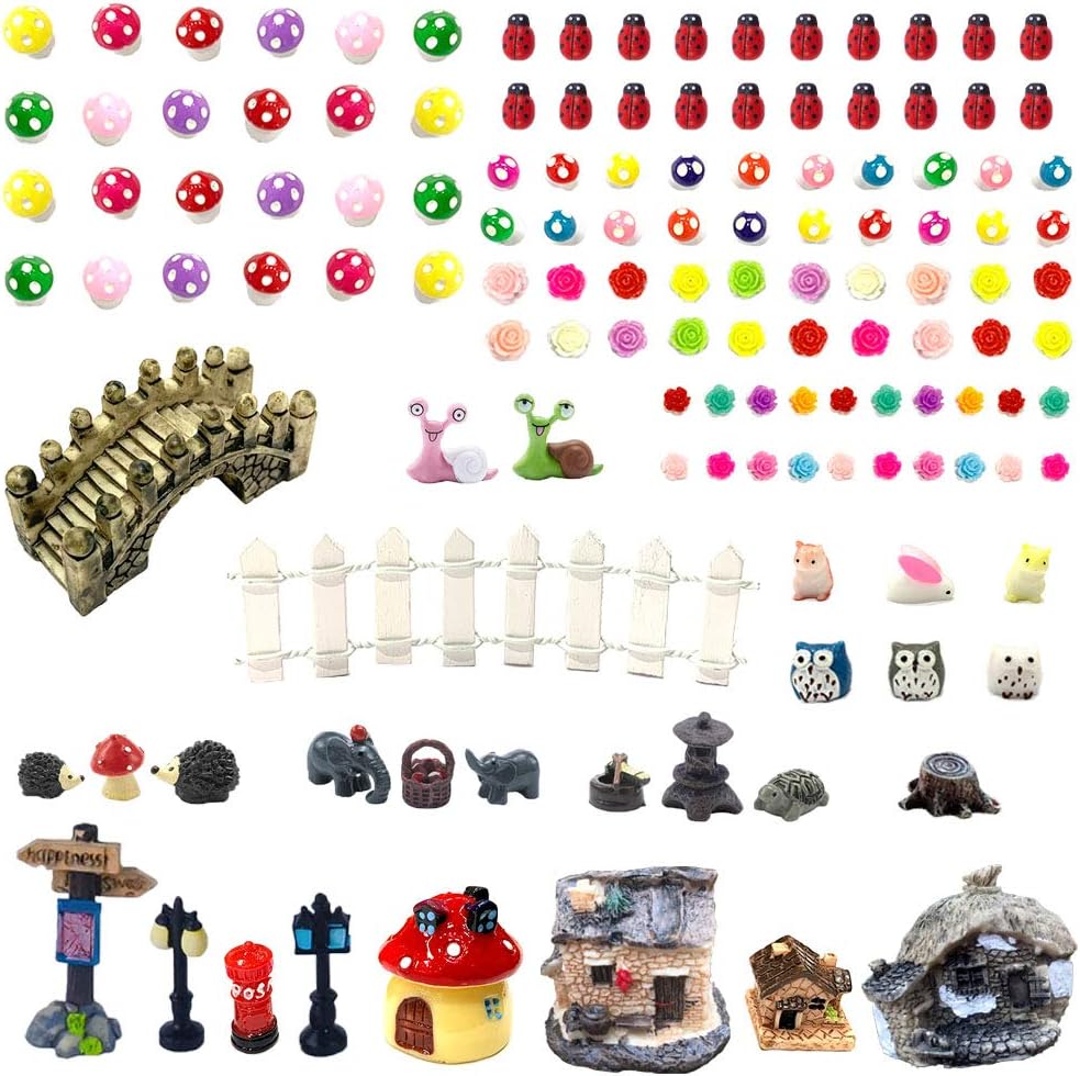 Aulufft Miniature Fairy Garden Accessories Set, 109 Pieces Mini Fairy House Ornament Kit Animals Plant Fence Bridge Figurines Micro Landscape Accessories for DIY Dollhouse Decoration