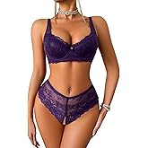 Avidlove Women's Lingerie Set Lace Bra and Panty Sets 2 Piece Lace Babydoll Outfits Dark Purple