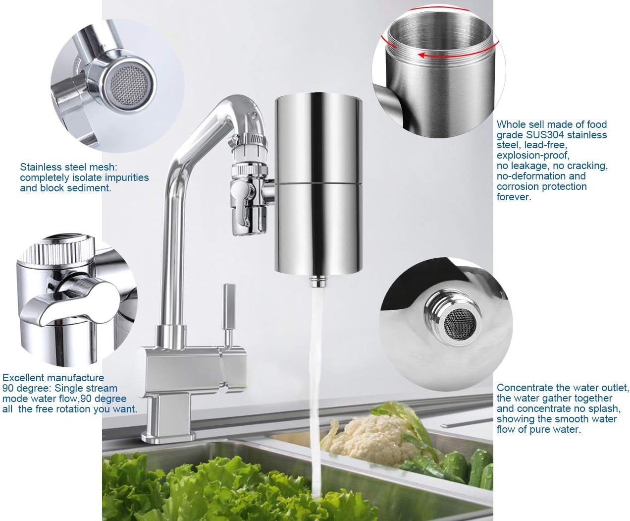 HOMY Faucet Mount Water Filter, SUS304 Stainless Steel Housing & Multiple High Precision Filtration System Reduce Chlorine, Fluoride, BPA Free, Fits Standard Faucets,Home Healthy Drinking Water Filter: Home & Kitchen