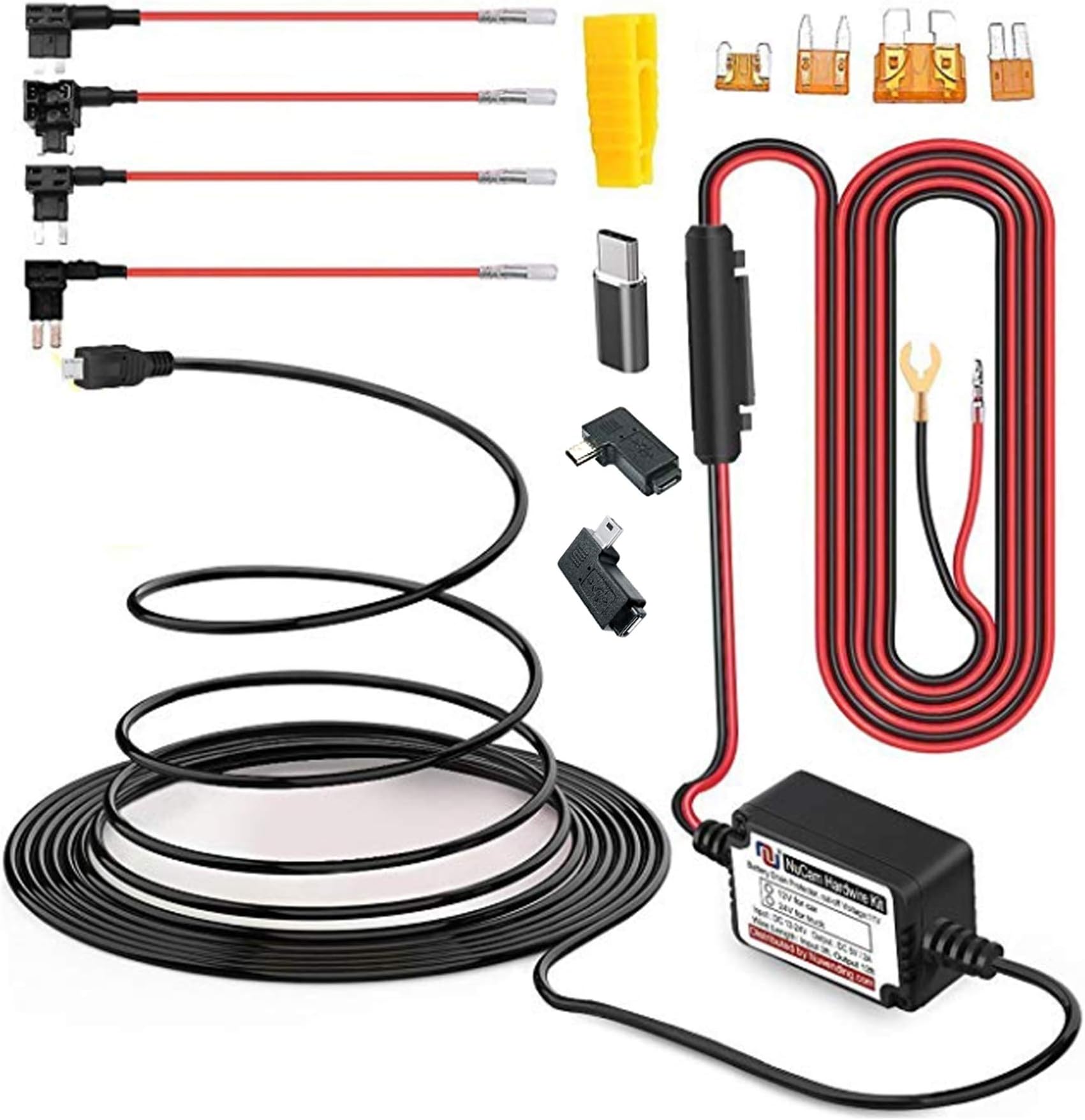 15ft Micro USB & Mini USB Dash Cam & Type-C Hardwire Kit w. Mini(ACS)/LP Mini(ACN)/ATO(ATC or ACU)/Micro2(ACZ) Fuse, Micro to Mini/USB-C Port Adapters & Battery Drain Protection (10Micro+Left Mini)