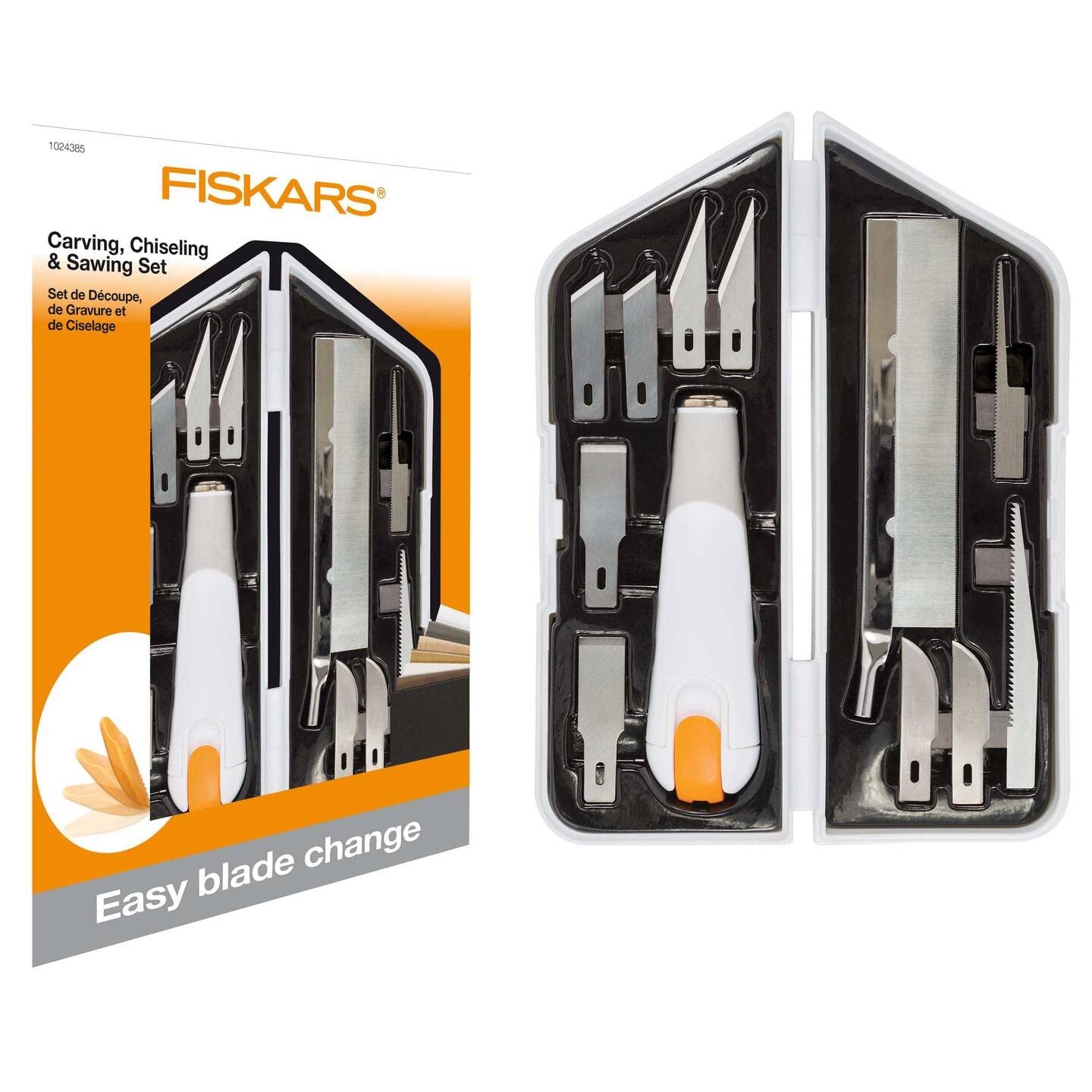 Fiskars high-performance knife/cutter, 8-piece set, total length: 21 cm, incl. 7 blades, quality steel/plastic, white/orange, Premium, 1024385