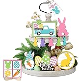 Jetec 12 Pcs Easter Tiered Tray Decoration Set - Easter Bunny Trail Carrot Table Signs Wooden Farmhouse Decoration for Spring Rustic Home Kitchen Decor