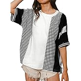 Leyoutx Womens Summer Striped T Shirts Casual Color Block Short Sleeve Tops Oversized Crew Neck Tees