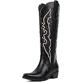 QIY Knee High Cowboy Boots for Women Rhinestone Cowgirl Boots, Trendy Embroidered Western Boots with Almond Toe Side Zipper and Chunky Heel