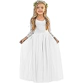 LalaMira Flower Girl Dress Long Sleeve First Communion Dress Lace/Tulle Toddler Dresses for Wedding Bridesmaid Garden Party