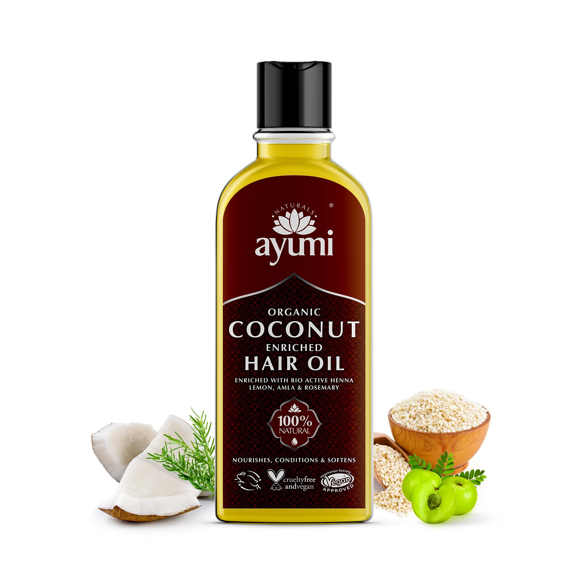 Ayumi Organic Coconut Oil, 150 ml | Organic Coconut Hair Oil for Hair Loss | Amla Hair Oil for Dry Damaged Hair Treatment | Rosemary Hair Growth Oil for Shine | Nourishing Frizz EaseOil with Henna