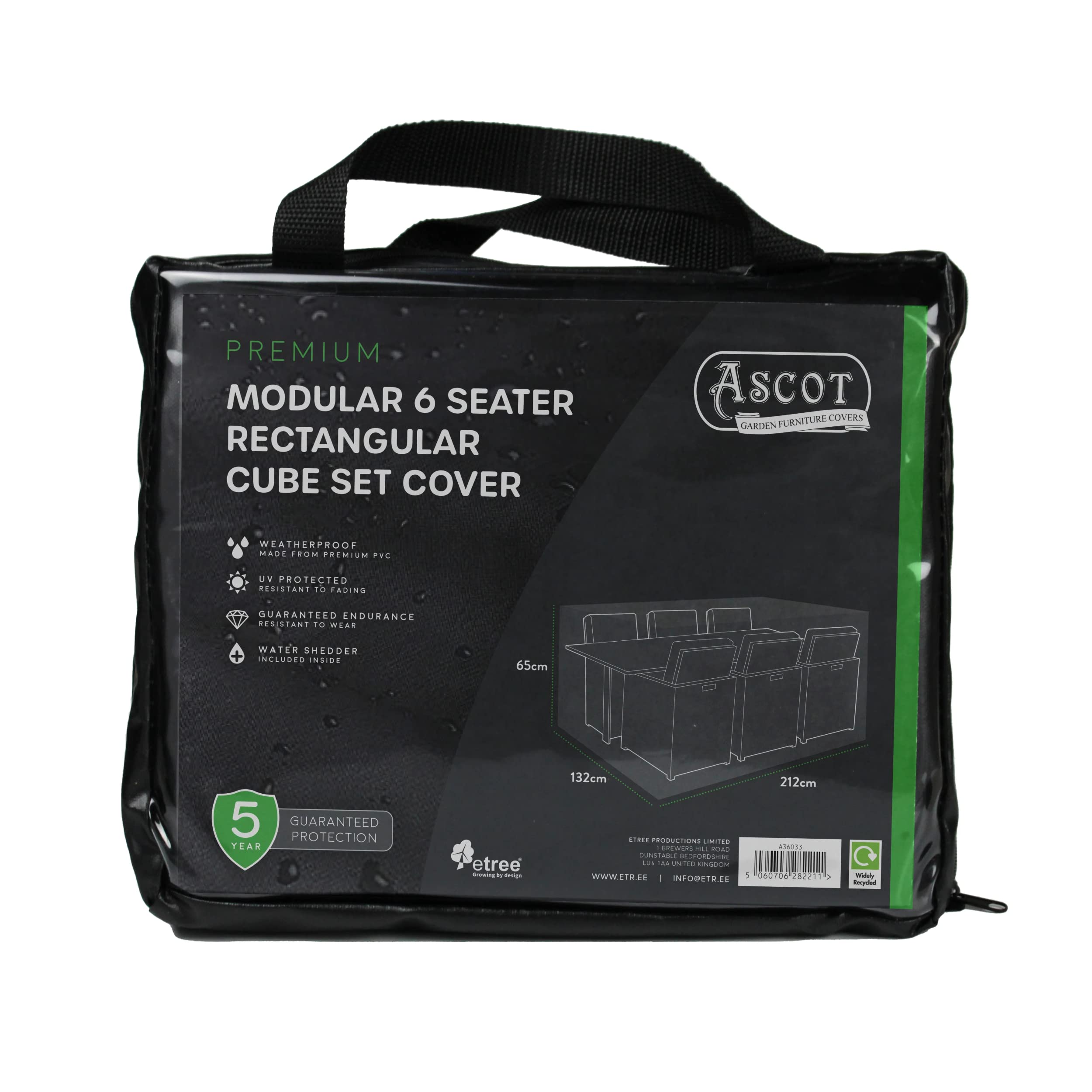 Ascot Premium Modular 6 Seater Rectangular Cube Set Cover - 212 X 132 X 65 H Deep Black