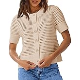 Saodimallsu Womens Crochet Short Sleeve Cardigans Button Up Crew Neck Summer Beach Knit Sweater Tops
