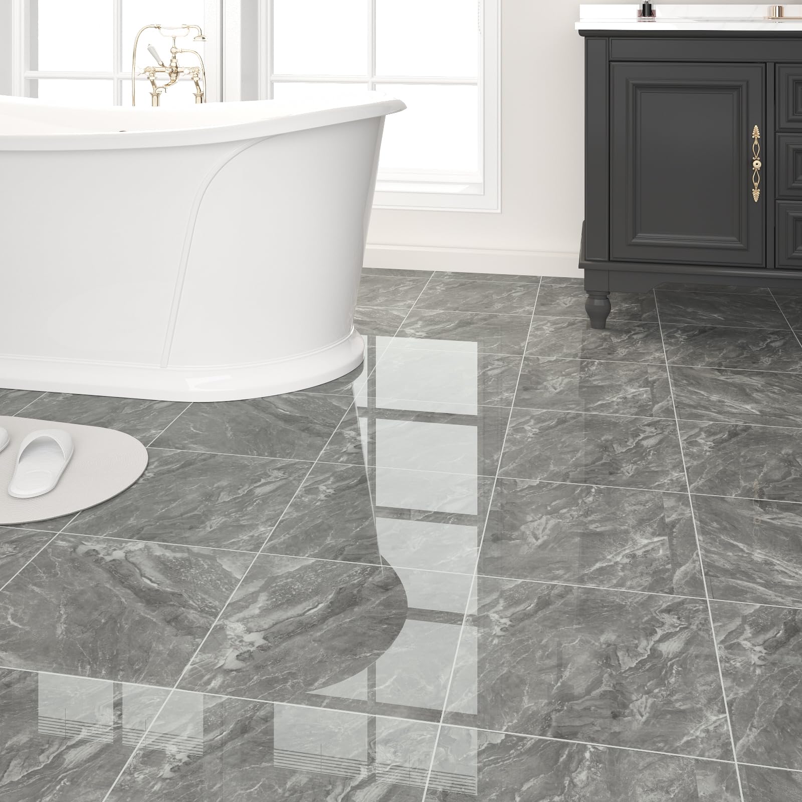 Photo 1 of 30-Pack 30 Sq.Ft Peel and Stick Floor Tiles Vinyl Glossy Pattern Flooring, 12” x 12” Self Adhesive Vinyl Flooring DIY for Kitchen, Bathroom, Laundry, Polish Dark Grey Marble