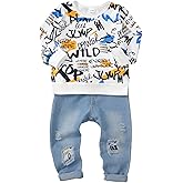 KIMI BEAR Toddler Baby Boy Clothes Fall Winter Outfits Long Sleeve Letter Printed Sweatshirt Pullover Tops + Jean Pants Set