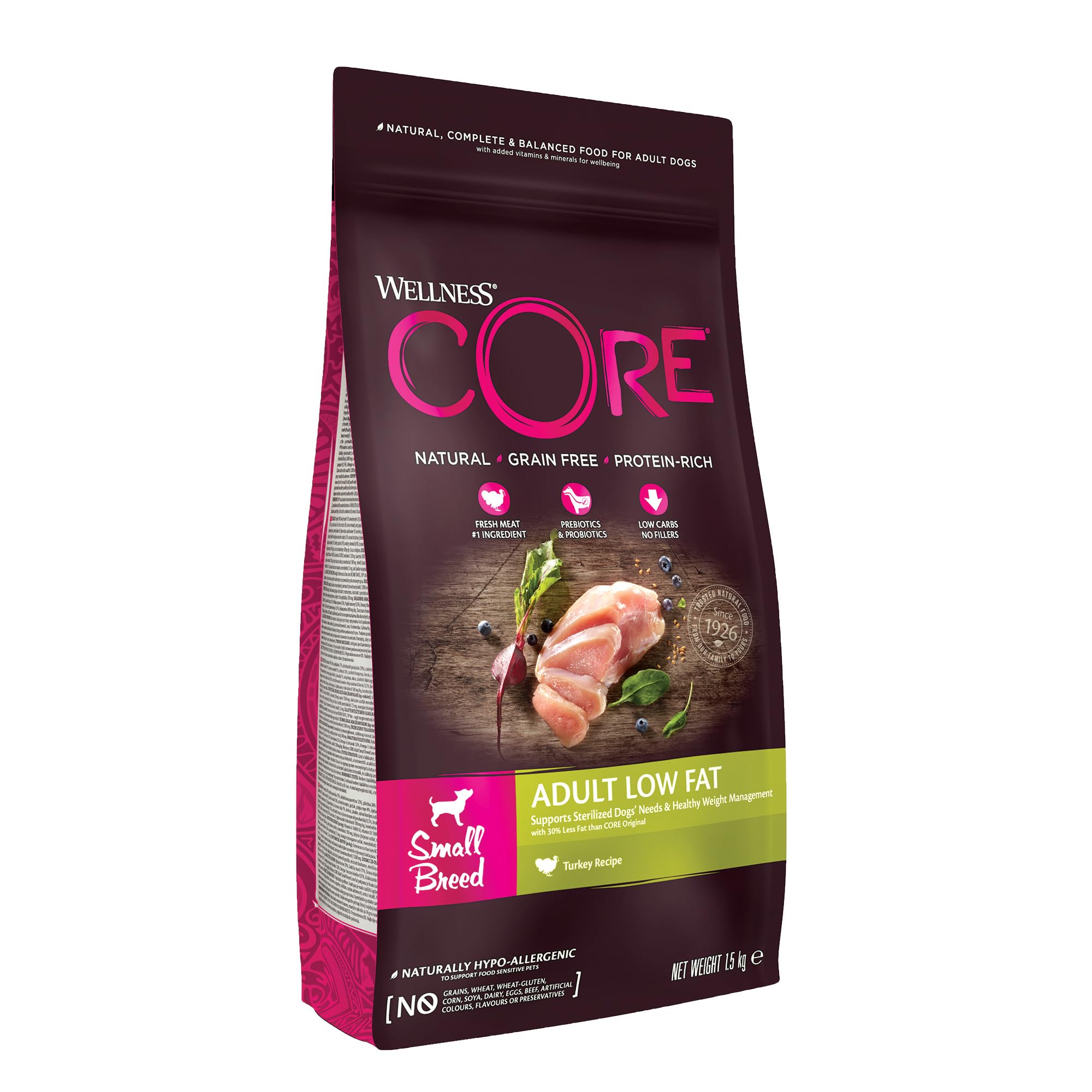 Wellness CORE Low Fat 1.5 kg, Turkey – Dry Dog Food for Small Breeds, Grain-Free, Natural, Hypoallergenic, Protein-Rich, High Meat Content, Supports Healthy Weight Management
