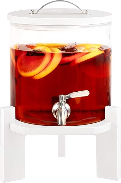 Navaris Glass Drinks Dispenser 5 Litre with Tap Beechwood Stand White