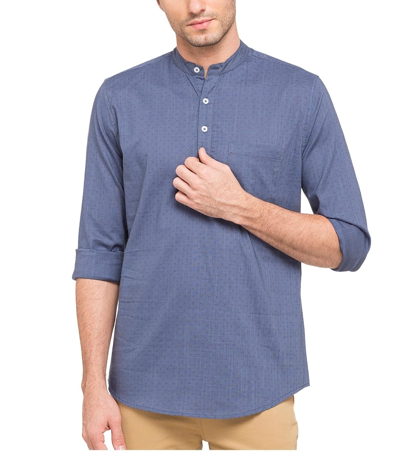 nick&jess mens ethnic wear : blue printed linen short kurta shirt