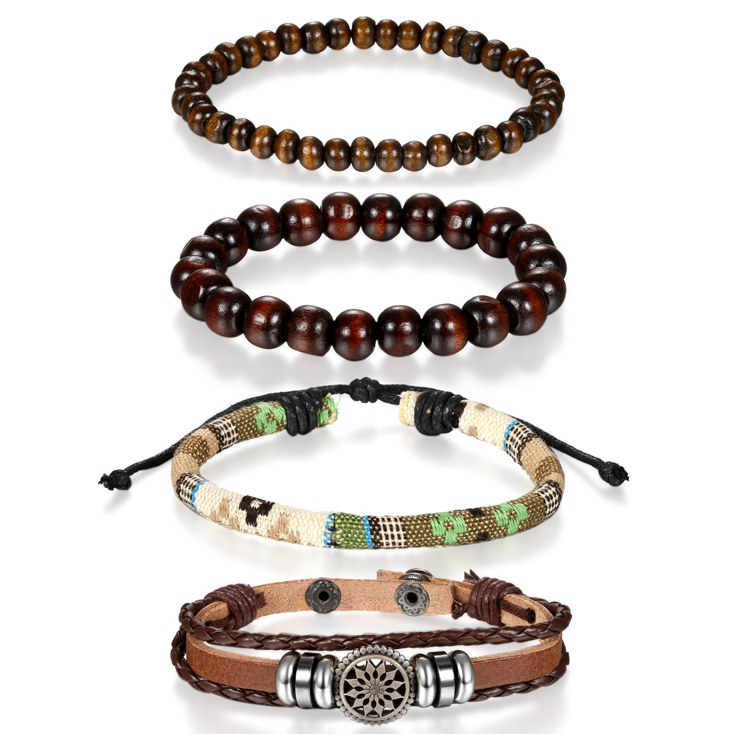 Cupimatch Adjustable Leather Bracelet Set, Unisex PU Leather Beads Multi Strands Wrap Charm Bracelet 7.5"