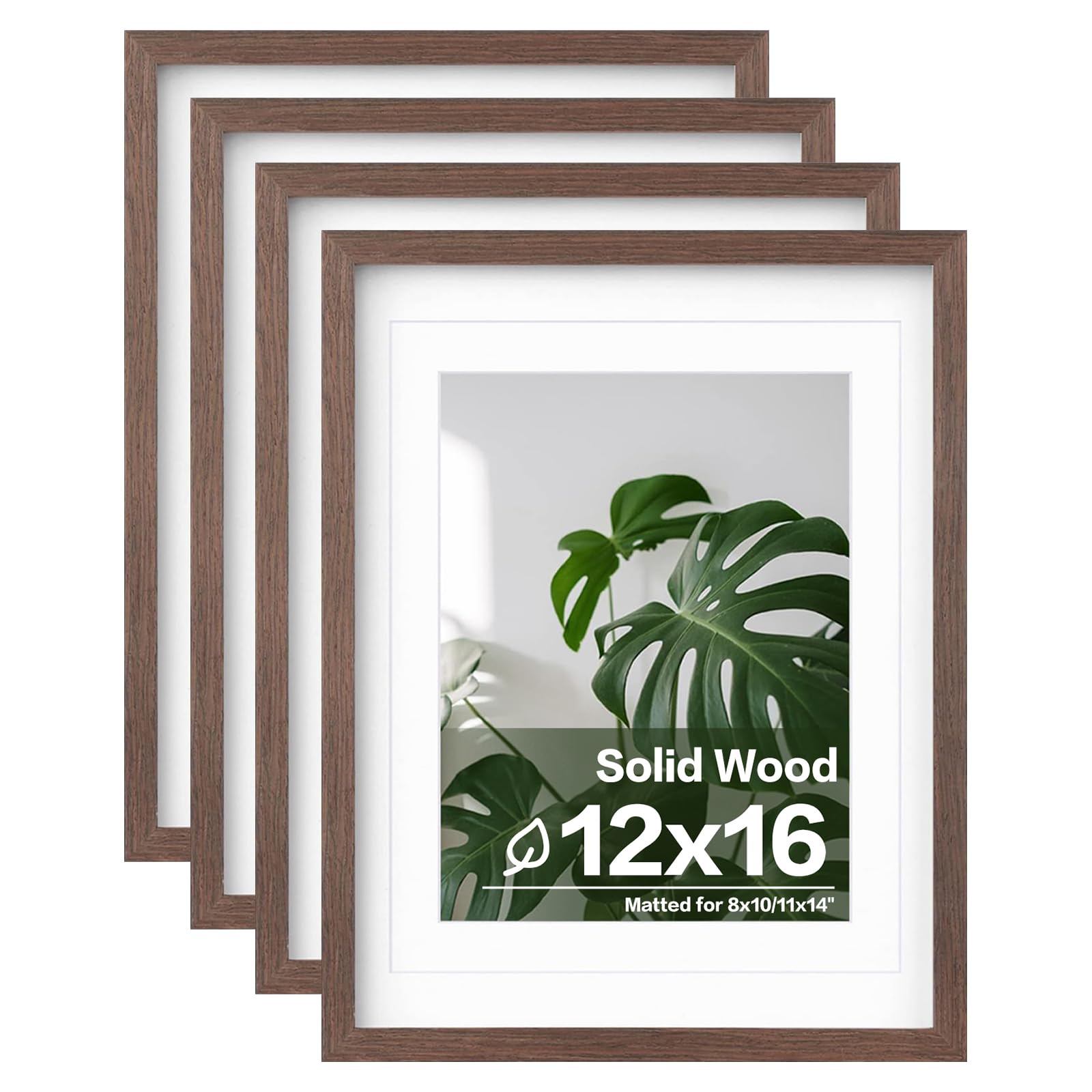 Photo 1 of Egofine 12x16 Picture Frames Set of 4, Made of Solid Wood Covered by Plexiglass 9x12 and 11x14 with Mat or 12x16 without Mat, for Wall Mounting Photo Frame Brown