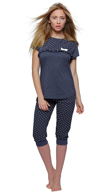 Sensis Edler Baumwoll-Pyjama Hausanzug aus wunderschönem Oberteil und toller Capri-Hose mit Bündchen, Made in EU