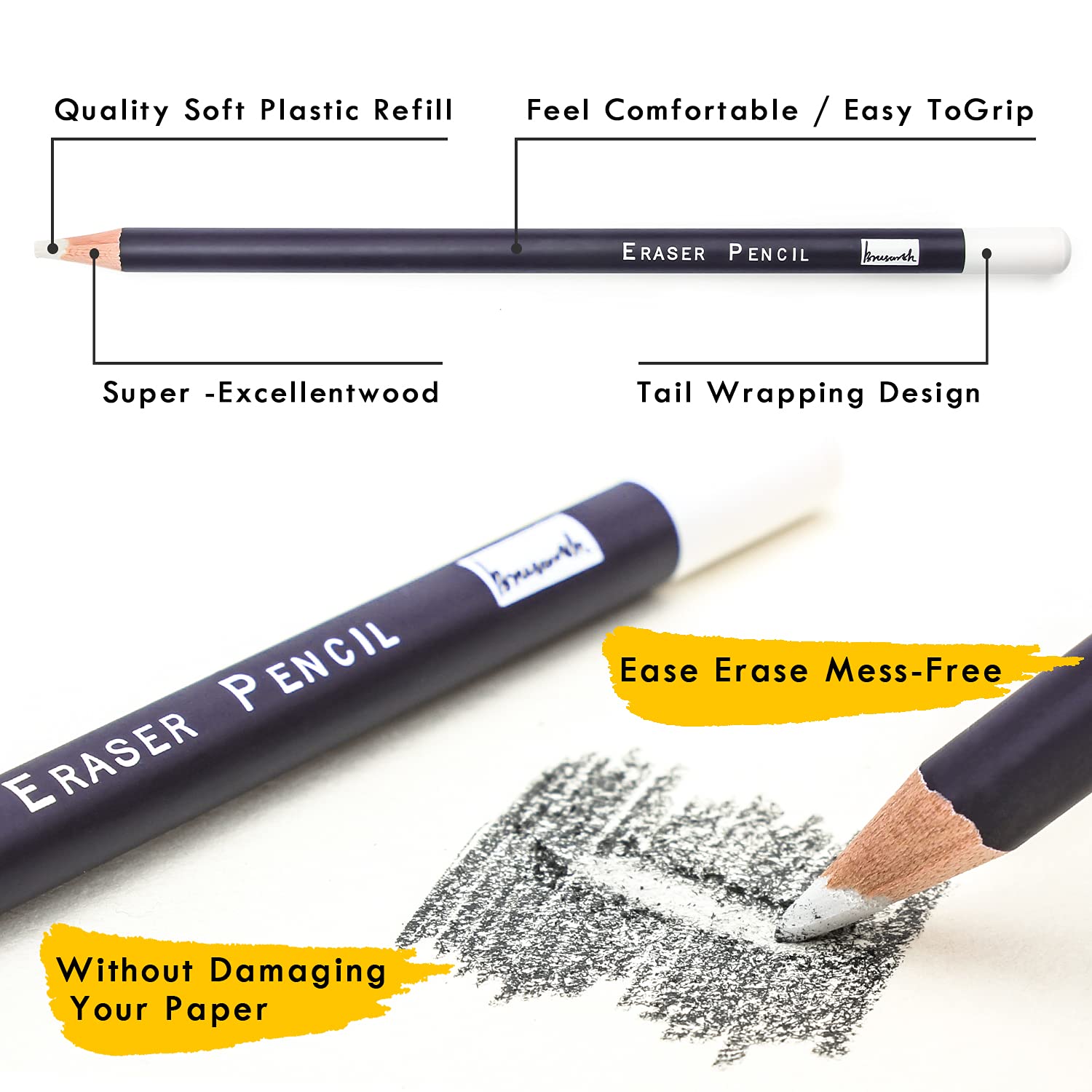 Brusarth 3pc Eraser Set - Fine Detail Eraser for Sketching, Charcoal Drawings & Colored Pencils