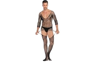 SINROYEE Men's Sheer Lace Lingerie Sissy clothes Sexy Tight Cut Out Elastic Nightgown One-piece Bodysuit