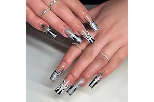 IMSOHOT Square Press on Nails Long Fake Nails French Tips Acrylic False Nails with Silver Cross Designs Black Glossy Y2K Full Cover Glue on Nails for Women 24pcs